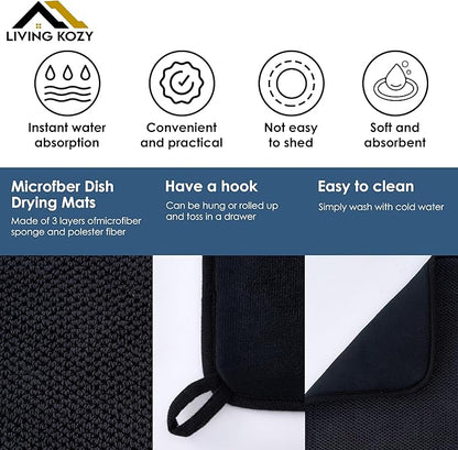 Dish Drying Mat, Microfiber Ultra-Absorbent Kitchen Counter Mat, Ideal Dish Drying Pad for Dishes, Utensils, Pots, and Pans, Black, Large - 15"x20" (50x38cm).