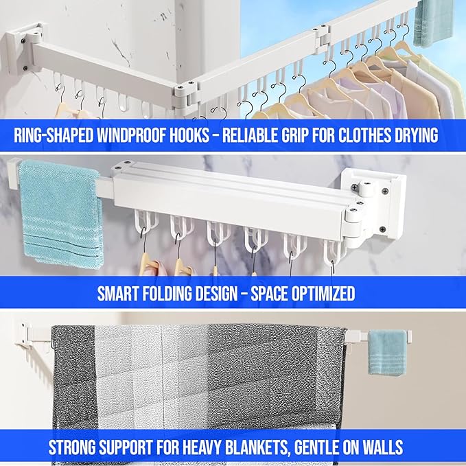 Wall Mounted Drying Rack for Laundry - Foldable Clothes Hanger Dryer with 180° Swivel, 220 lb Capacity, Aluminum Construction, Space-Saving Indoor Outdoor Organizer - White