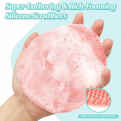 Silicone Bath Gloves 2PCS, 360° Anti-Slip Silicone Body Scrubber for Rich Foaming Deep Cleaning, Revolutionary No-Grip & Hand-fit Design Shower Scrubber for All Skin Types(Black+Light Pink)