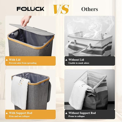 Large Laundry Hamper, 75L Waterproof Laundry Basket with Lid and Removable Bag, Collapsible Tall Clothes Hamper with Bamboo Handles for Clothes Toys in Dorm Bedroom Bathroom, Grey