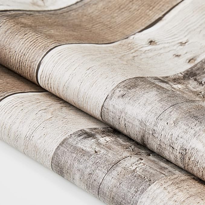 Yun-aeon Natural Wood-Grey Wood Contact Paper Peel and Stick Wallpaper 17.3"x 80"Self Adhesive Removable Vintage Faux Wood Wall Paper Plank Shelf Home Decoration Kitchen Counter Cover Use