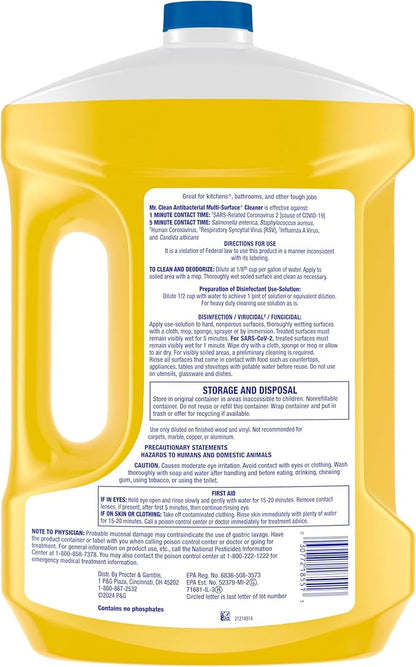 Mr. Clean Antibacterial All Purpose Cleaner, Floor Cleaner for Mopping Home, Bathroom, & Kitchen, Cleaning Liquid for Mop & Bucket, Cleaning Supplies, Multi-Surface Dilutable, Lemon, 99oz