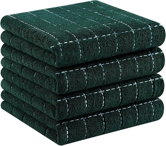 Homaxy 100% Cotton Terry Kitchen Towels(Blackish Green, 13 x 28 inches), Checkered Designed, Soft and Super Absorbent Dish Towels, 4 Pack