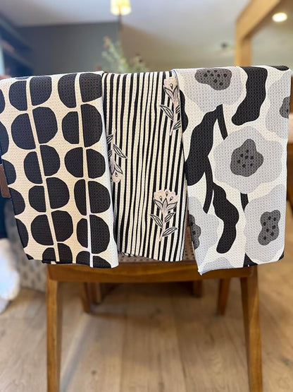 || 3 Pack|| Double Sided Dish Towels || Waffle Weave Microfiber || Tea Towels || Highly Absorbent || Hanging Loop || Dish Cloths || Modern || Designer Prints (Black/Gray)