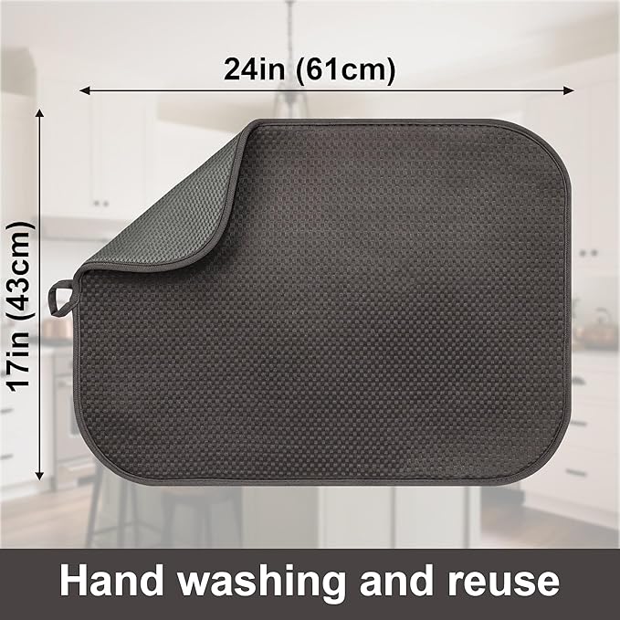 2-Pack Dish Drying Mat 18 x 24 inches – XL Drying Matt Kitchen Counter,Dish Drying Mats for Kitchen Counter, Super Absorbent, Anti-Slip, Fast Drying, Kitchen Must-Have(Dark Gray)