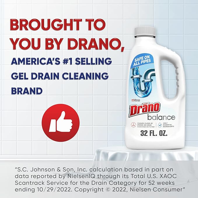 Drano Balance Drain Clog Remover and Cleaner, Non-Corrosive Formula, Safe on All Pipes and Septic Tanks, Formulated Using Only Essential Ingredients, 32 Fl Oz (Pack of 2)