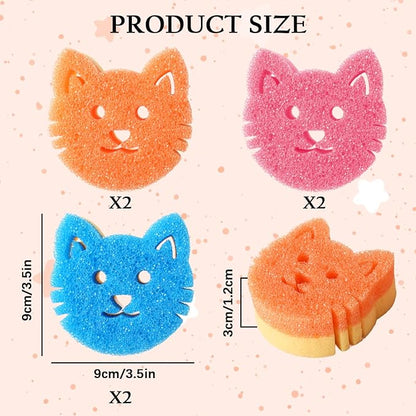 6 Pack Cute Cat Dish Sponge, Dual-Sided Cleaning Reusable Scrubbing Sponges for Dishes, Cat Kitchen Accessories Dishwashing Sponge Scrubbers Kitchen Things Car Wash Sponges Non Scratch