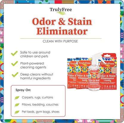 Truly Free Multi-Purpose Odor & Stain Eliminator, Pet Odor Eliminator for Home & Stain Remover for Carpet, Couch, Rugs & More, Upholstery Deodorizer, Includes 1 Empty Bottle Spray & 2 Refill (3 oz ea)