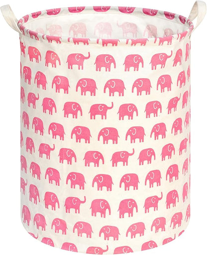 KUNRO Round Laundry Gift Basket Storage Hamper, Clothes Storage Organizer Bins, Shelf Basket with Handles for Room Decor (Pink Elephant)
