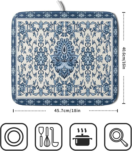 Blue Floral Dish Drying Mat for Kitchen Counter 16x18 Chinoiserie Flower Print Vintage Absorbent Reversible Microfiber Drying Mats Kitchen Countertop Protector Dishes Drainer Rack Pad