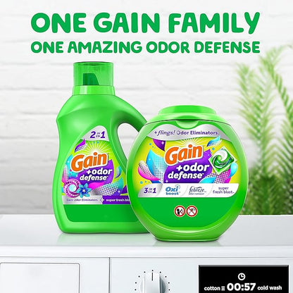 Gain Flings Laundry Detergent Pacs with Odor Defense, 76 Count, Super Fresh Blast Scent, HE 3in1 Detergent Pacs with Febreze and Oxi