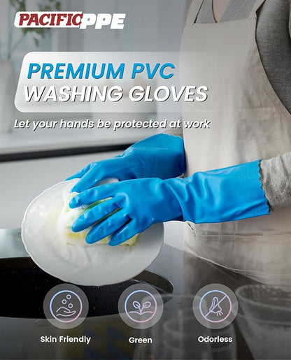 PACIFIC PPE 2 Pairs Reusable Dishwashing Cleaning Gloves with Latex Free, Cotton Lining, Kitchen Gloves, Blue, Medium