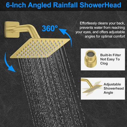 Shower Faucet Set,Brushed Gold Push Button Shower System with Rain Shower and Handheld,Gold Shower Faucet with Valve Ceiling Mount 12 Inch Shower Head and 6 Inch Shower Head with Handheld