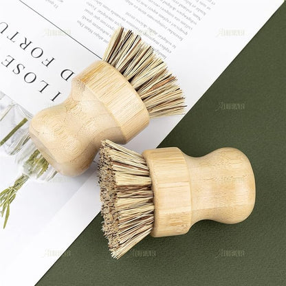 AUEAR, Natural Bamboo Dish Scrub Brush Cleaning Pot Scrubber Brushes Coconut Bristles for Cast Iron Skillet Pots Pans (4 Pack)