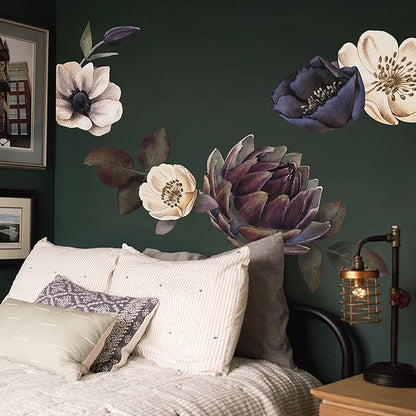 Fabric Peel and Stick Floral Wall Decal, Self-Adhesive Peony Flowers Wallpaper, Rose Sticker for Living Room Bedroom Wall Decor, Eden Garden A-3 PCs