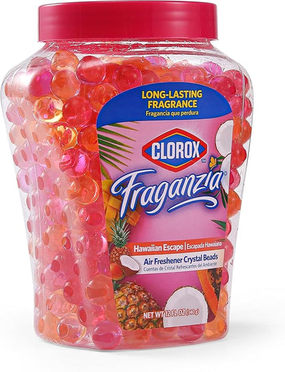 Clorox Fraganzia Crystal Beads Air Freshener, Long Lasting Room Deodorizer and Odor Eliminator Gel Beads to Freshen Home, Car, or Office, Island Escape Scent, 12 Fl Oz