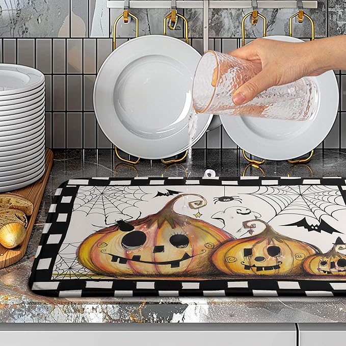 Happy Halloween Fall Pumpkin Dish Drying Mat for Kitchen Counter 18x24 In Spooky Ghost Bats Spider Web Buffalo Plaid Drying Mats Microfiber Dish Drainer Mat Large Absorbent Fast Dry Pad