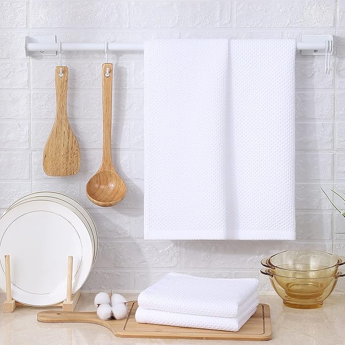 Kitinjoy 100% Cotton Waffle Weave Kitchen Hand Towels (13 x 28 Inches, White), 4-Pack Super Soft and Absorbent Dish Towels for Drying Dishes