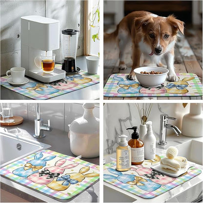 Easter Drying Mat for Kitchen Counter - 16x18 In, Multi-color (Buffalo Plaid), Microfiber & Composite Sponge, Cute Bunny Pattern, Absorbent Dish Drainer Mat