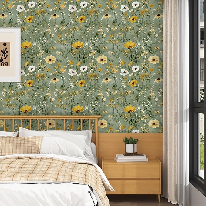 Laatse Vintage Daisy Wallpaper Peel and Stick, Green Yellow Floral Contact Paper, Botanical Wall Paper Self Adhesive Removable Waterproof for Bathroom Bedroom Shelf Cabinet Drawer Table 17.5" x 118"