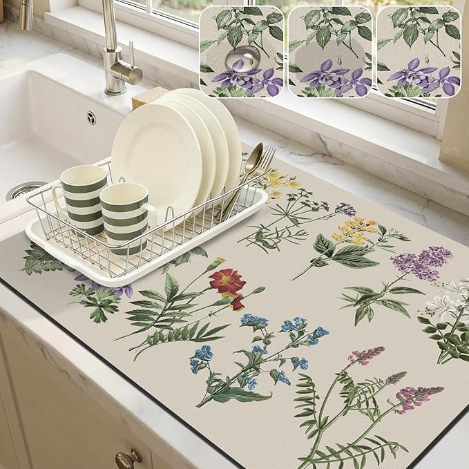 LOKHOM Dish Drying Mat for Kitchen Counter, 18"x24" Absorbent Coffee Bar Mat with Vintage Sage Flower Herbs, Dish Drainer Rack Mats for Kitchen Counter and Dining Room Decoration