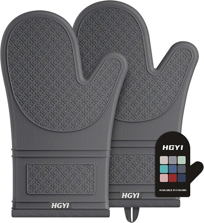 Silicone Oven Mitts, Heat Resistant Oven Gloves with Quilted Liner, Waterproof & Non-Slip Kitchen Mittens for Baking Cooking BBQ, 500°F, 12.5"-Deep Gary