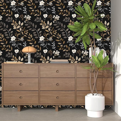 Vintage Wallpaper Peel and Stick Black Floral Wall paper 17.5'' x 393'' Gold Leaf Contact Paper Waterproof Self Adhesive Removable Modern Boho Walls Murals for Bedroom Cabinets Kitchen Locker Drawer