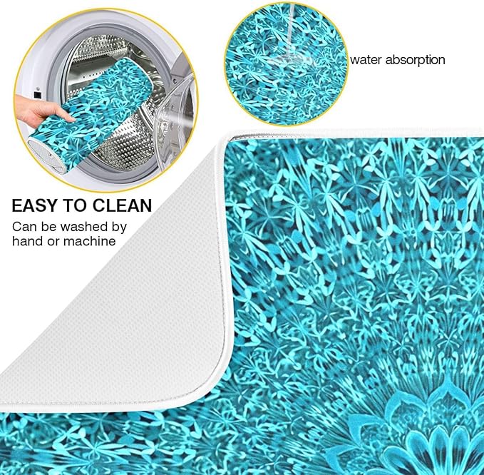 Super Absorbent Dish Drying Mat Microfiber Fast-Drying Dish Mat 16" x 18" Kitchen Dish Drying Pad Mandala Turquoise Teal Blue Green