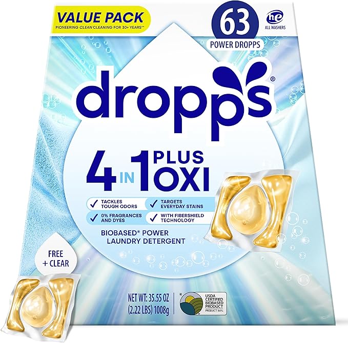 Dropps 4-in-1 Plus Oxi Laundry Detergent Pods, Free & Clear (63 Count) - Unscented Laundry Pods | Odor Defense | Fights Stains | Whitens & Brightens | Clean Ingredients | Plastic Free Packaging