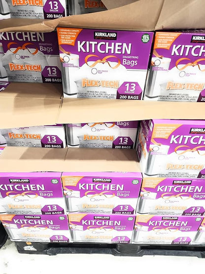 Worldwide Nutrition Bundle Compatible with Kirkland Signature Flex-Tech 13 Gallon Kitchen Garbage Bags with Drawstring Closure - 200 Count Pack of Tall Trash Bags for Kitchen with Keychain