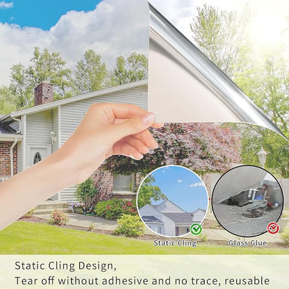 Filmgoo Window Film Reflective Daytime Privacy No Glue Static Cling Anti UV Sun Blocking Heat Control House Window Mirror Tint for Home Office, Silver, 41.3 Inch x 6.5 Feet