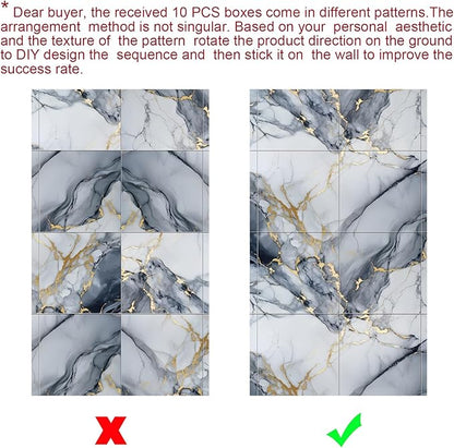 Chejiaye 10pcs Marble Peel and Stick Backsplash Waterproof Washroom Wall Panels, Peel and Stick Tile, PVC Foam Wall Panels for Kitchen,Bathroom,Living Room,Blue and Gold(Not Real Tile,11.8" x 11.8")
