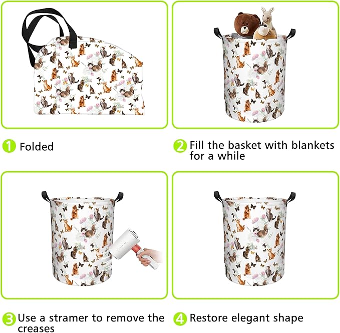 Laundry Basket Cats and Butterflies Laundry Basket Oxford Cloth Laundry Hamper Large Storage Baskets Toy Organizer Tote Bag For Bedroom Clothes Bathroom 17.3(H) x16.5(D) Inch