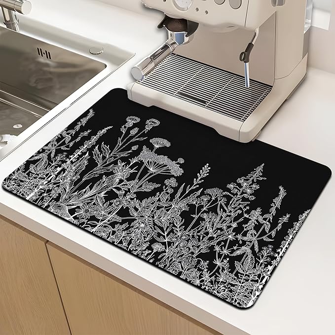 Dish Drying Mat for Multiple Usage. Super Absorbent, Easy clean, Quick dry, Cocina Accesorios for Kitchen Counter or Faucet Sink, Coffee bar, Refrigerator or Air fryer liners, 16*24“ Black