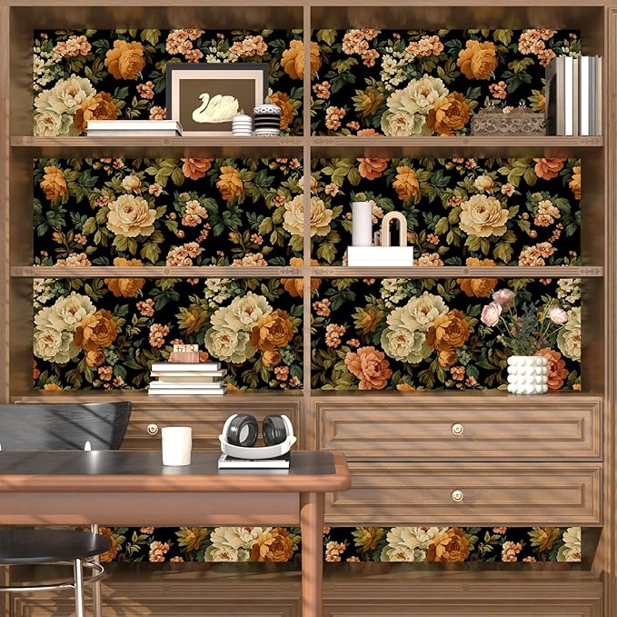 Fvlow Vintage Wallpaper Wildflower Peel and Stick 17.4" x 118" Peony Floral Contact Paper Waterproof Renter Friendly Covering for Bedroom Bathroom Green/White/Pink
