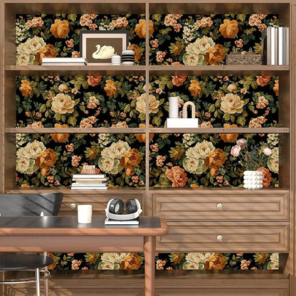 Fvlow Vintage Wallpaper Wildflower Peel and Stick 17.4" x 118" Peony Floral Contact Paper Waterproof Renter Friendly Covering for Bedroom Bathroom Green/White/Pink