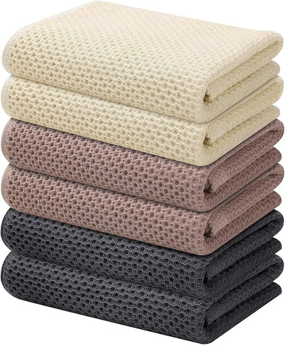 Kitinjoy 100% Cotton Waffle Weave Kitchen Hand Towels (13 X 28 Inches, Mixed Color), 6-Pack Super Soft and Absorbent Dish Towel for Drying Dishes