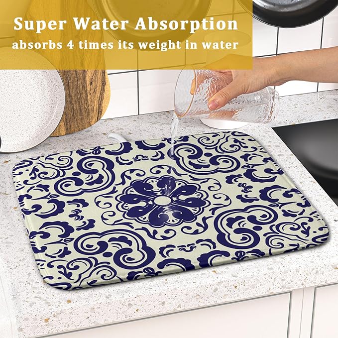 Boho Ethnic Design Dish Drying Mat for Kitchen Counter,Blue Bohemian Mandala Drying Mat 16 x 18 Inch with High Absorbent Reversible Microfiber Dish Drying Pad Dish Rack Pad Drainer Mat for Coffee Bar