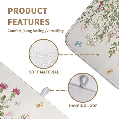 Wildflower Floral Dish Drying Mat for Kitchen Counter Vintage Rustic Flower Drying Mats Spring Summer Herb Plant Absorbent Microfiber Dishes Pad Washable Dish Draining Mat Extra Large 18"x24"