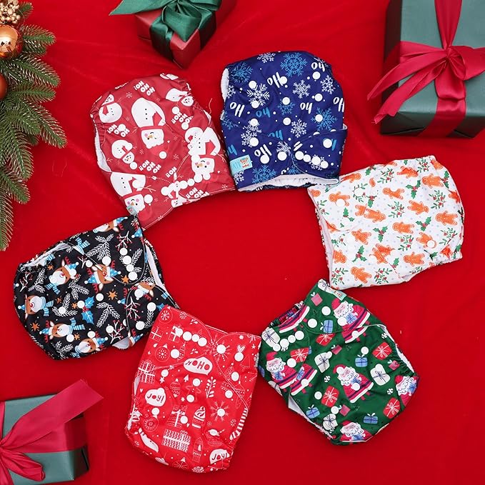 ALVABABY Christmas Baby Cloth Diaper 6 Pack with 12 Inserts One Size Cloth Diaper Covers Adjustable Washable Reusable for Baby Girls and Boys