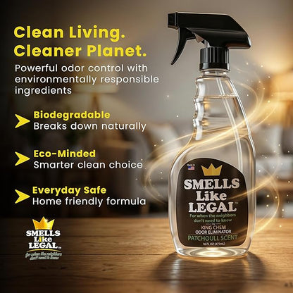 Smells Like Legal™ Patchouli Odor Eliminator Spray – Powerful Commercial-Grade – Eliminates Smoke, Pet & Food Odors at source – Fabric-Safe, Non-Staining – Biodegradable Air & Fabric Freshener – 16 oz