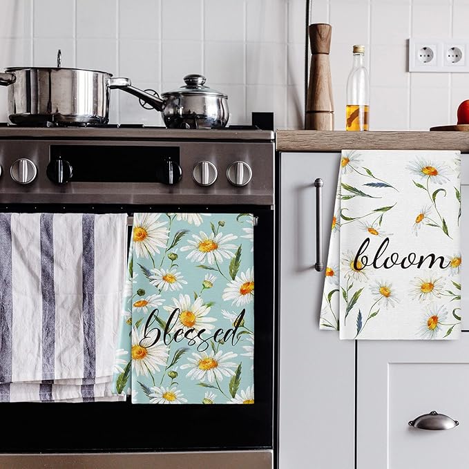 Zubebe 6 Pcs Daisy Kitchen Towels 18 x 28 Inch Spring Daisy Dish Towels Decorative Absorbent Dishcloths for Farmhouse Kitchen Bathroom Decorations, Seasonal Decor Gifts
