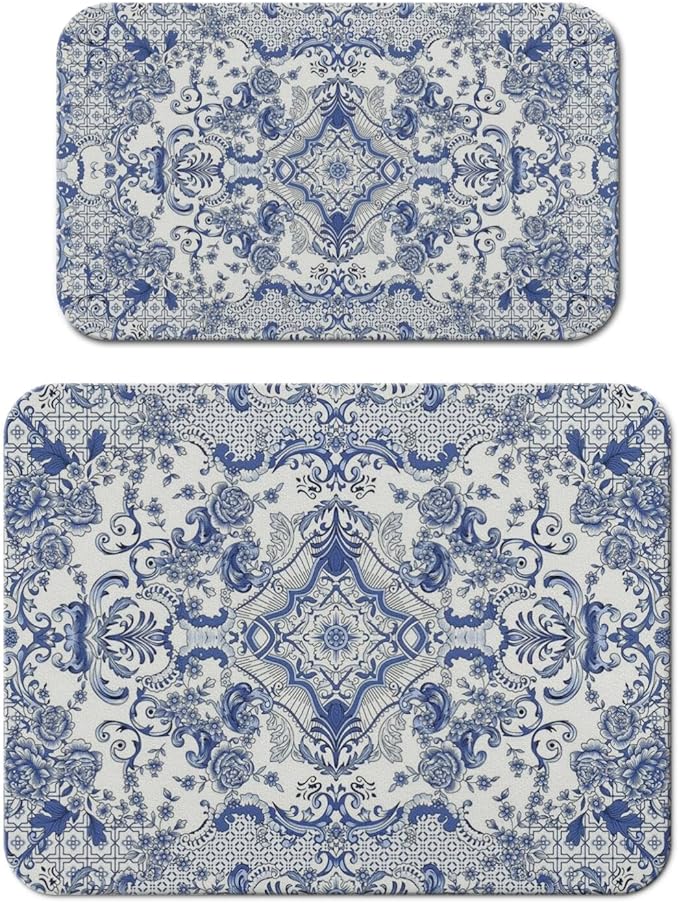 Dish Drying Mat for Kitchen Counter 2 Pack with Non-Slip Rubber Backing - Heat-Resistant Absorbent Coffee Bar Mat, Dish Rack Mat, Blue and White Pattern Dish Drying Mats 18x24+19.5x12 inch