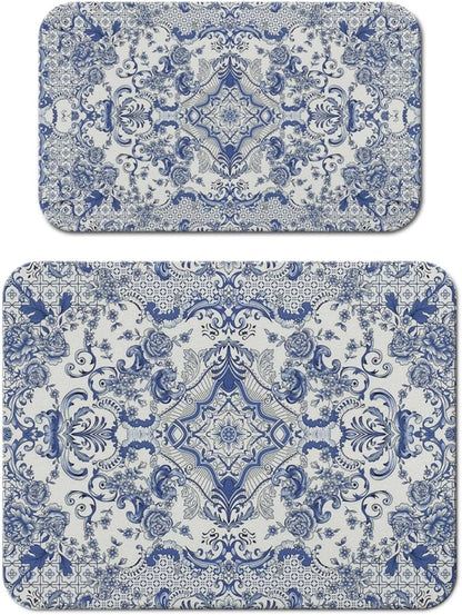Dish Drying Mat for Kitchen Counter 2 Pack with Non-Slip Rubber Backing - Heat-Resistant Absorbent Coffee Bar Mat, Dish Rack Mat, Blue and White Pattern Dish Drying Mats 18x24+19.5x12 inch