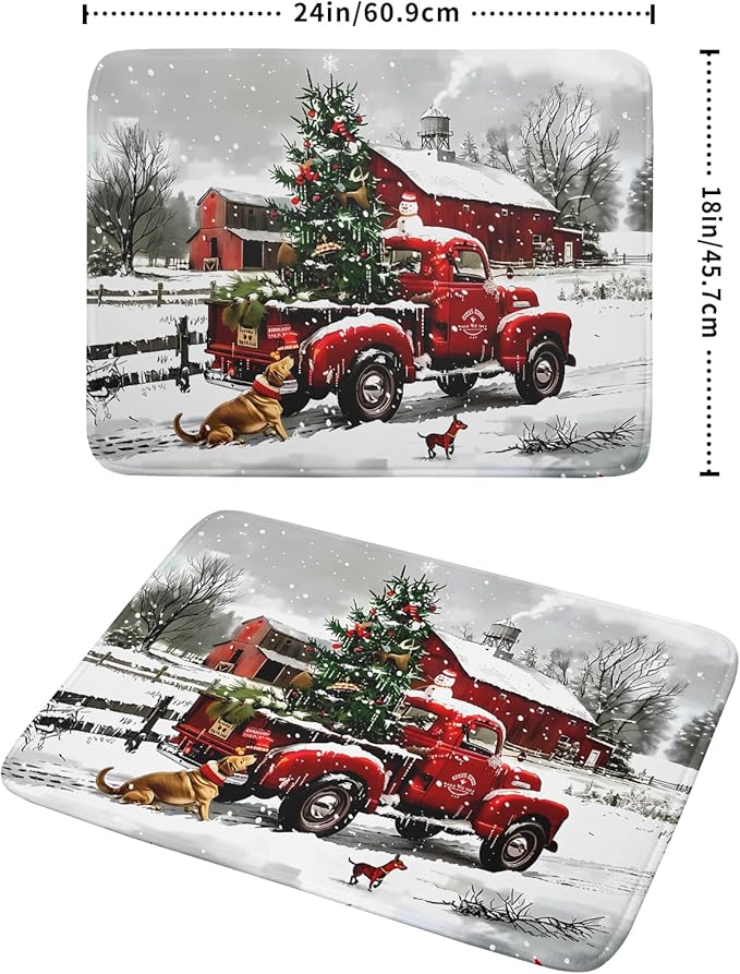 Red Truck Christmas Dish Drying Mat for Kitchen Counter 18x24 Inch Winter Xmas Tree Snowman Dog Print Absorbent Reversible Microfiber Drying Mats Kitchen Countertop Protector Dishes Drainer Rack Pad