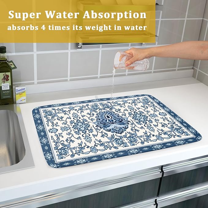 Boho Floral Blue Dish Drying Mat for Kitchen Counter 18x24 Vintage Chinoiserie Flower Print Absorbent Reversible Microfiber Drying Mats Kitchen Countertop Protector Dishes Drainer Rack Pad