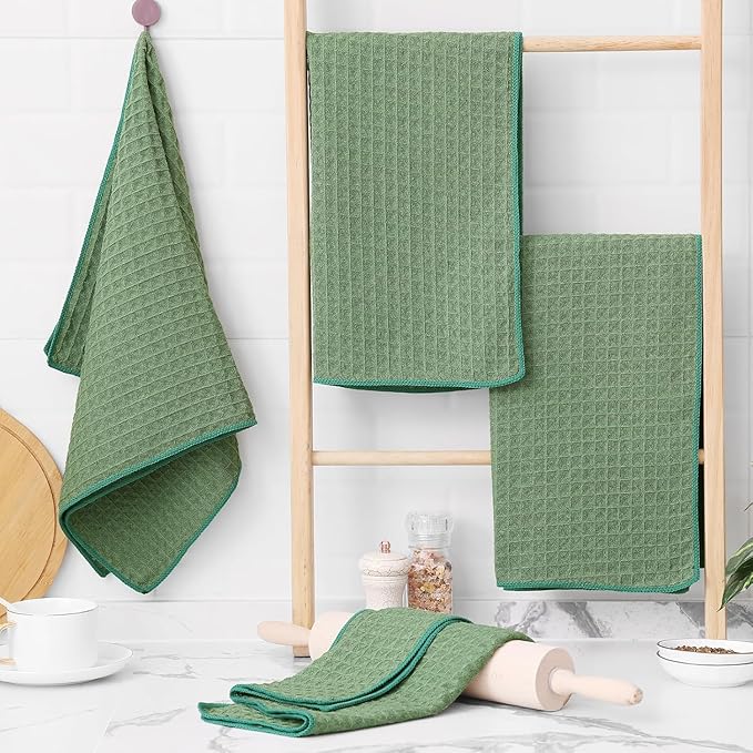 Homaxy Microfiber Waffle Weave Kitchen Towels, 16 x 28 Inch Ultra Absorbent and Solid Color Dish Towels, 4 Pack, Grass Green