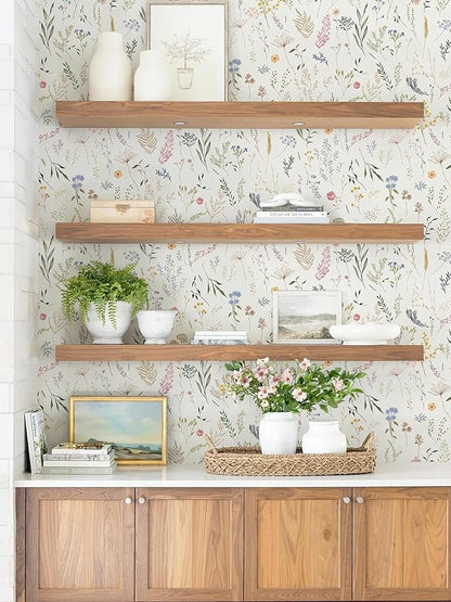 Dimoon 118"x16.1" Floral Peel and Stick Wallpaper Beige Contact Paper Thicken Wallpaper Delicate Flower Waterproof Green Leaf White Self Adhesive Removable Wall Paper Shelf Liner Decal Vinyl Roll