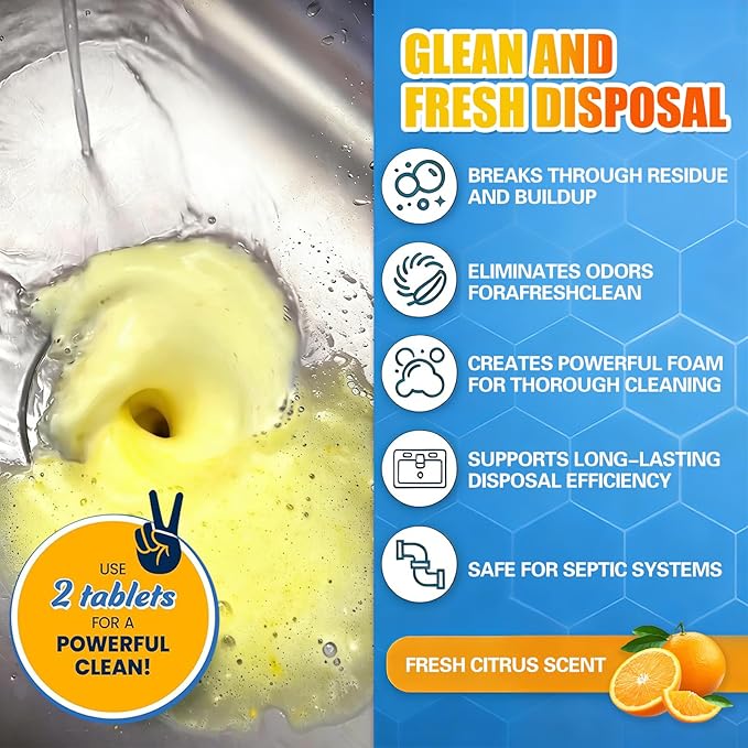 SOPAMI Garbage Disposal Cleaner Deodorizer Tablets 12 Pack Powerful XL Foaming Tablets with Fresh Citrus Scent, Natural Formula Cleans Sink Grind Chamber & Drainpipe, Dishwasher Cleaner Compatible