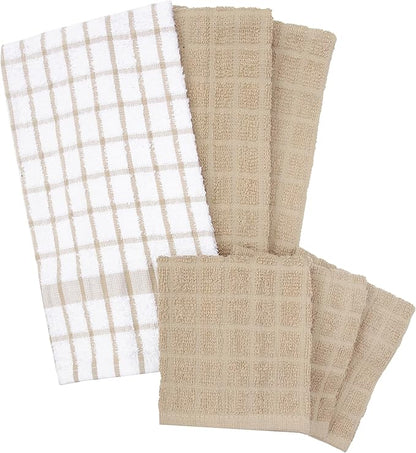 Ritz Premium Kitchen Towel and Dish Cloth Value Set: Highly Absorbent, Super Soft, Long-Lasting, 100% Cotton Checked and Solid Hand Towels, Tea Towels, Bar Towels - 6 Pack, Putty